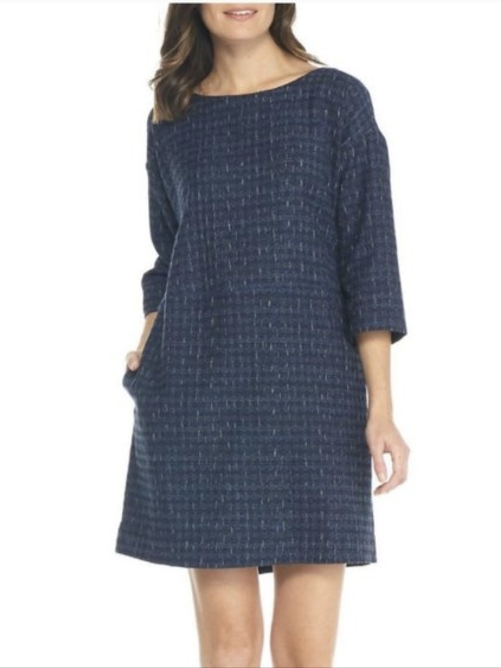 Eileen Fisher Organic Cottonnavy Textured Shift Dress With Three-Quarter Sleeves